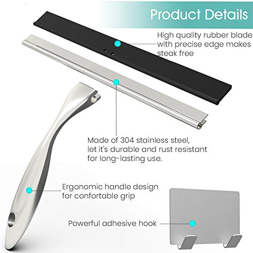 TopCharm Stainless Steel Shower Squeegee for Shower Doors, All Purpose Shower Squeegee 10 Inch for Mirror Car Glass Window Bathroom Squeegee for Shower with Hook and 6.8Inch Longer Handle