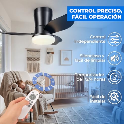 Ventilador De Techo Modernos De 26 Pulgadas, Ventilador De Techo Con Luz Led Y Control Remoto, Lampara Ventilador Silencioso De 3 Aspas Para Interior/exterior Con 3cct 6 Velocidades (Negro)