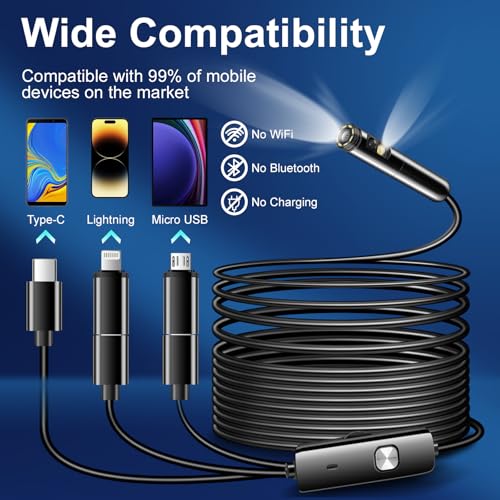 AURTEC Dual Lens Endoscope Inspection Camera, Dual HD Lens, IP68 Waterproof, 16.5FT/5M Semi-Rigid Cable, Borescope Camera with LED Lights, Compatible with Android and iOS Devices