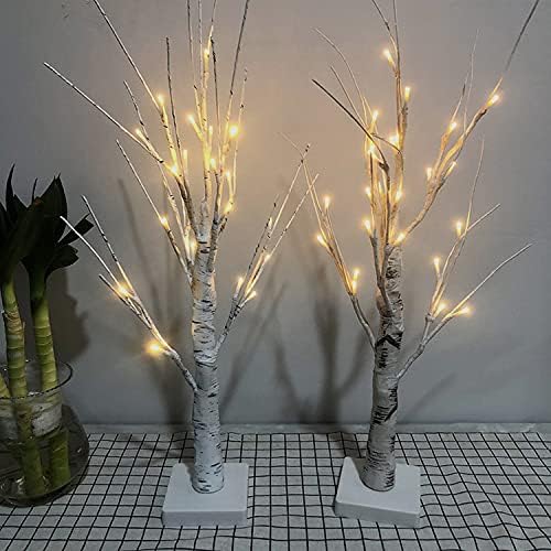 2Pack Lighted Birch Tree for Tabletop, 2FT Birch Christmas Tree with Lights, 24 LEDs Warm White