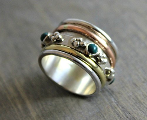 Sterling Silver (925) mixed metal Turquoise Brass Copper Bohemian Spinning Fidget Ring size 10 - Thumbnail 7