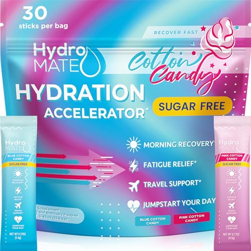 HydroMATE Electrolytes Powder No Sugar Cotton Candy - 30 Count Instant Hydration Packets with Vitamin C to Boost Energy - Sugar Free Electrolytes to Support Hydration on Keto Diet & Party Recovery
