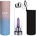 SAOI Crystal Water Bottle - Amethyst - Natural Wellness Healing - Glass/Stainless Steel