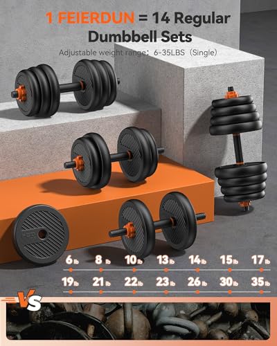 FEIERDUN Adjustable Dumbbells, 20/30/40/50/70/90lbs Free Weight Set with Connector, 5 in1 Dumbbells Set Used as Barbell, Kettlebells, Push up Stand, Weight Plate, Fitness Exercises for Home Gym