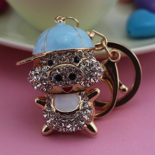 XmaSmile Cute Pig Style Flash Crystal Key Chain Ring Keyring Keychain Fob Holder Bag Handbag Hook (Blue Hat)
