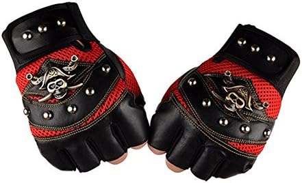 Modishou Men's Fingerless Rivet Metal Skull Chain Punk Mittens Gloves Style2 Red A Pair