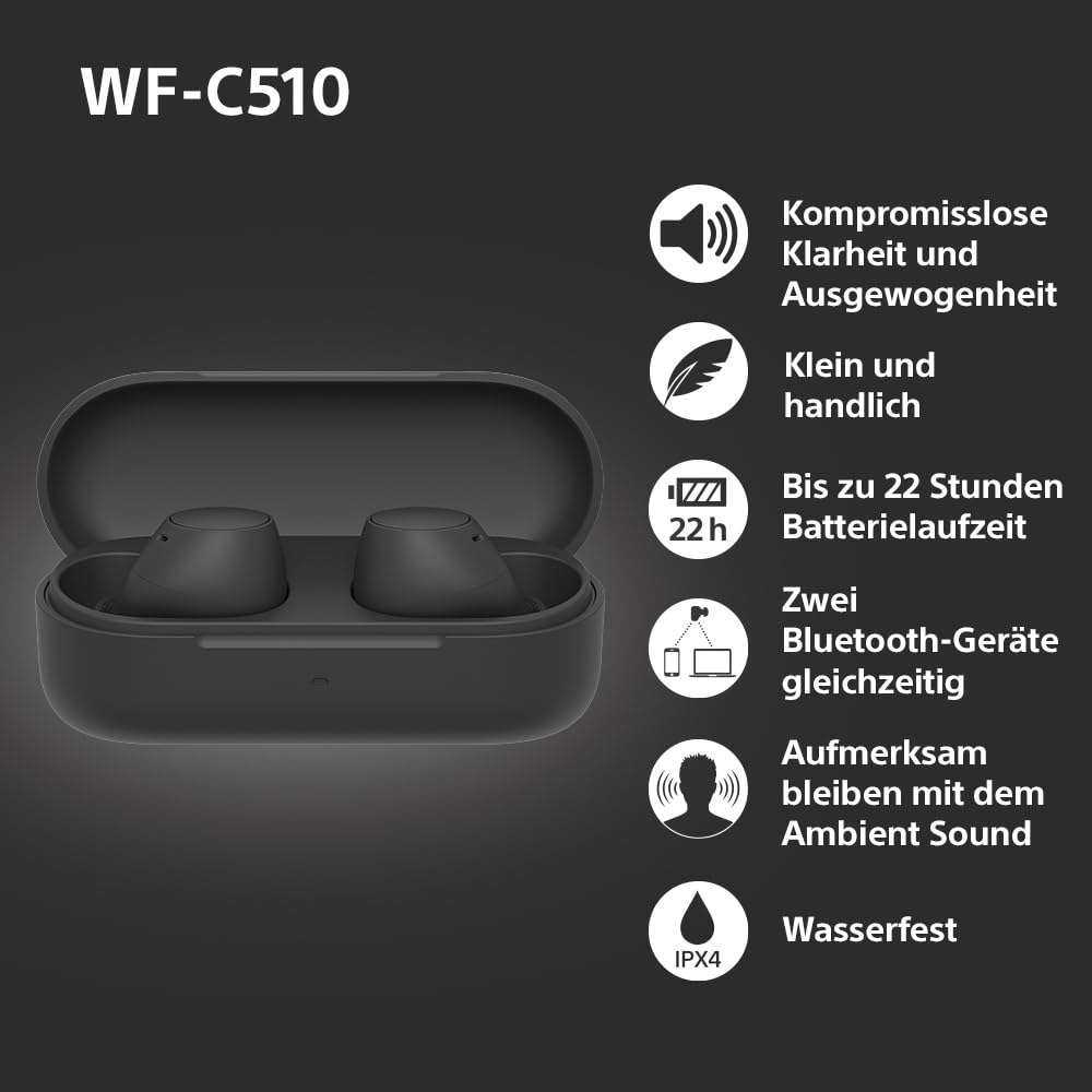 Sony WF-C510 Truly Wireless Kopfhörer - Kleine, leichte Bluetooth In-Ear-Kopfhörer mit Multipoint-Connection, Ambient Sound, IPX4 Rating, Spotify Tap, Quick Charge, 22 HR Akku, iOS & Android - Schwarz 4