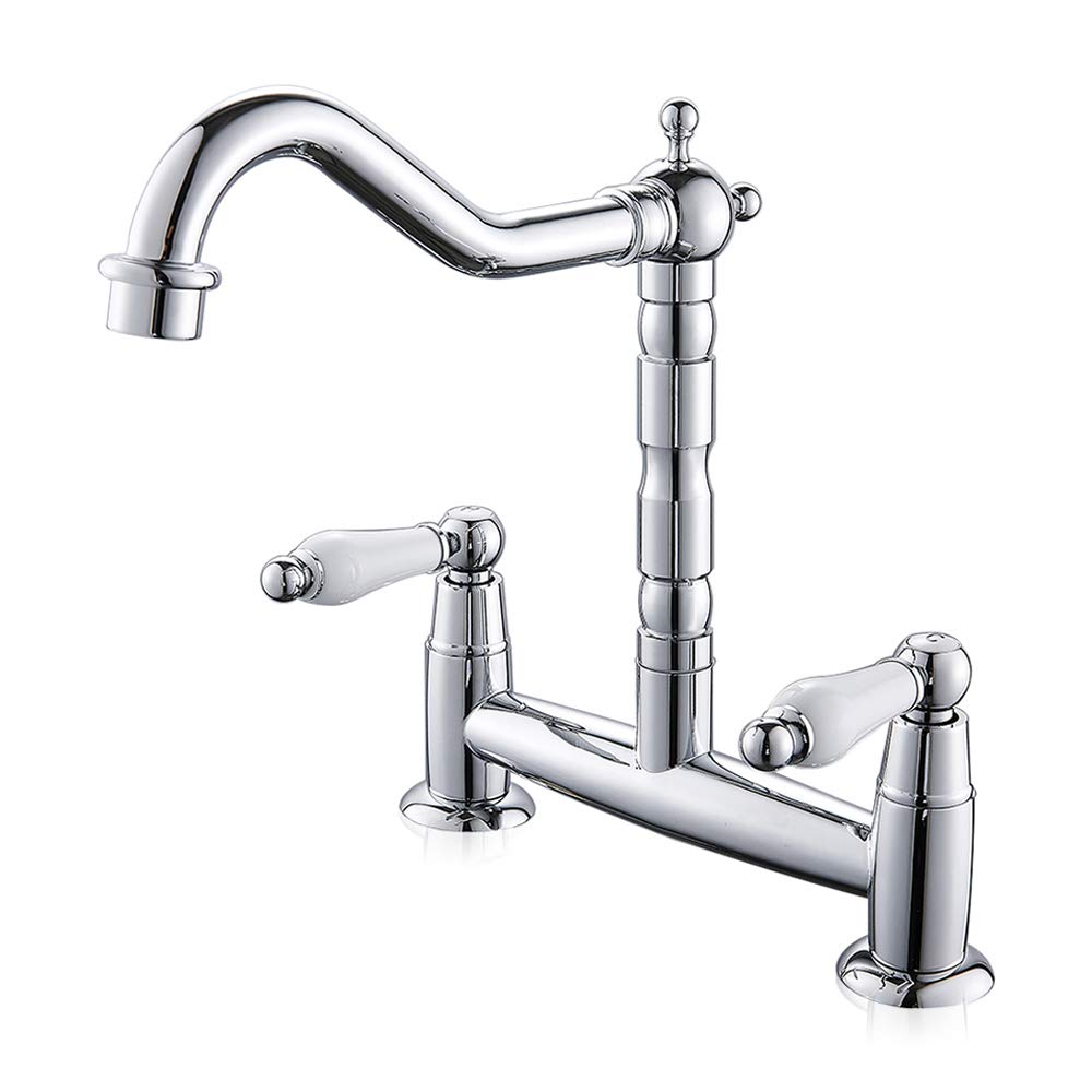 Ghopy 2 Hole Kitchen Sink Mixer Tap Traditional Deck Mounted Chrome Swivel Spout Brass Bridge Tap