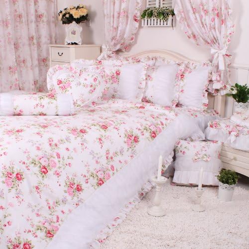 DIAIDI Home Textile,Korean Rustic Floral Bedding Set,Pink Blue Bedding Set,Princess Lace Ruffle Bedding Set,4Pcs,Twin/Full/Queen/King Bedroom Set (6.6ft bed, 1)