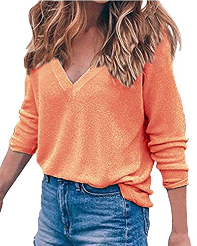 Auxo Women's V Neck Top Long Sleeve Shirt Blouses Oversized Sweater Pullover Jumper