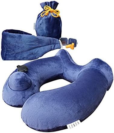 Travel Pillow (Inflatable) Without Blowing - Height-Adjustable, Compressible, Compact, Comfortable, Ergonomic Support for Head, Neck &amp; Chin, with a Pouch Sleep, Mask and Ear Plugs (U-type)