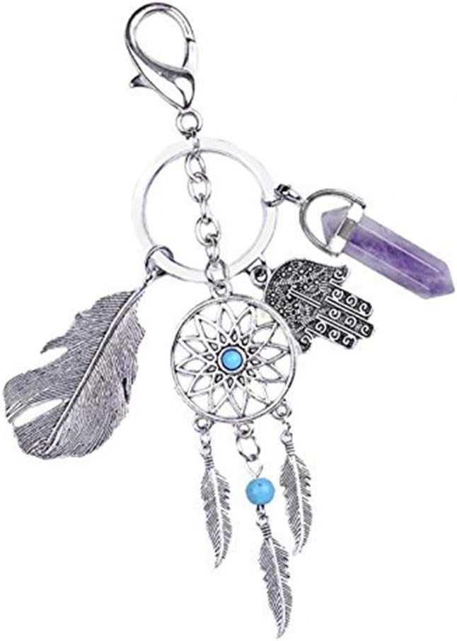 FORUMALL With Natural Stone & Fatima's Hand & Leaves Car & Bag Pendant Decor Mini Dream Catcher Keychain (Purple) - Image 3