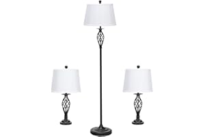 Tangkula Lamp Set 3-Piece Modern Home Living Room Bedroom Antique Bronze Finish Lamps, Floor Lamp and Table Lamps Set with Soft Pleated White Fabric Shades (Antique Bronze)
