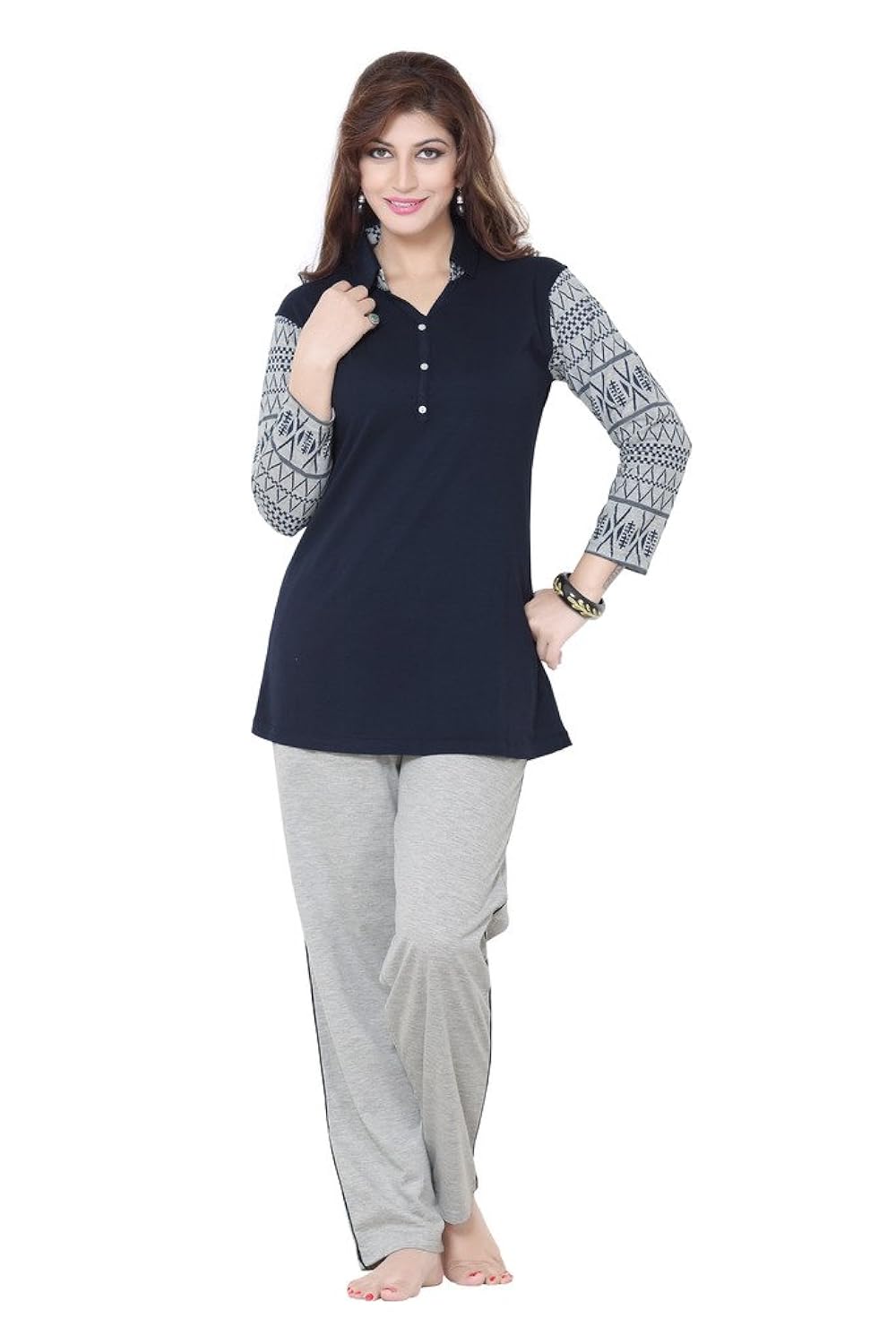 sweetnight women's cotton full sleeve nightwear top and pyjama set (blue)