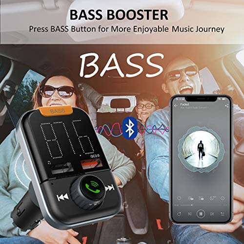 FM Transmitter with Bass Booster, Bluetooth 5.0 FM Transmitter Wireless Radio Adapter, FM Transmitter QC3.0
