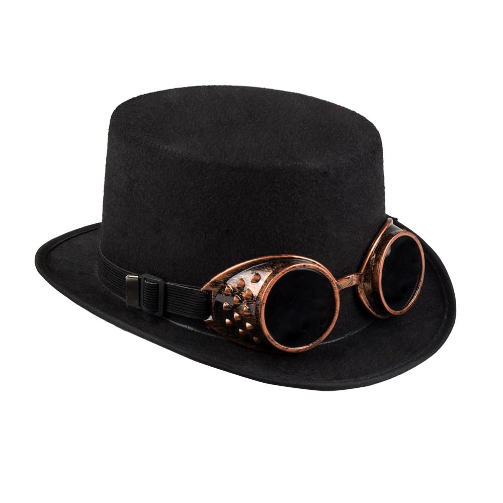 Boland Steampunk Hat with Goggles – Black Fancy Dress Costume Accessory with Removable Copper-Coloured Glasses – Victorian Gothic Retro Festival Headwear for Adults