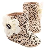 Ikevan Baby Girls Infant Snow Boots Prewalker Cashmere Cotton Warm Soft Fur Sole Anti-slip Toddler Boots Crib Shoes With Flower Autumn Winter 0-18 Months (0~6 Month, Leopard)