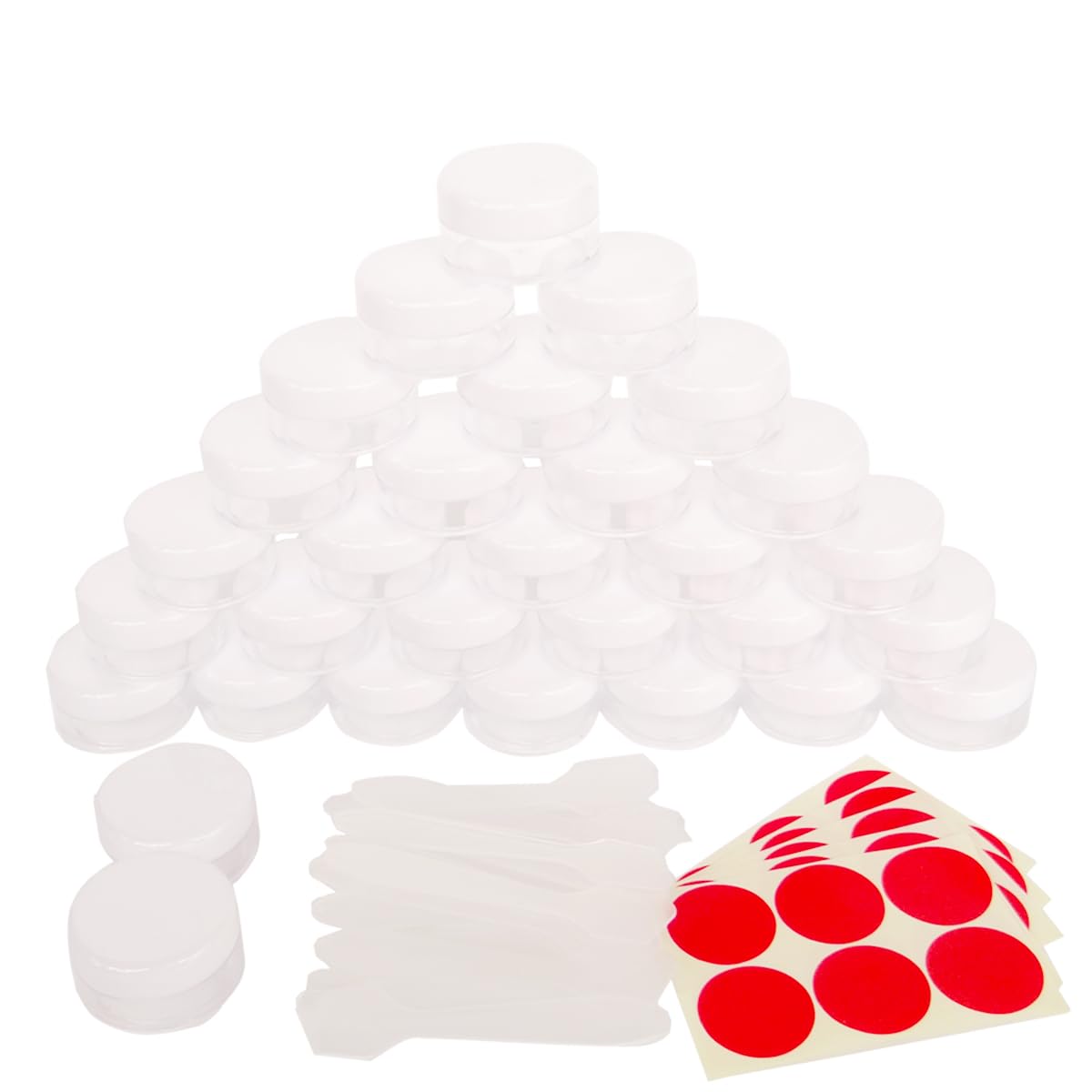 Wopanxye 30pcs 10ml Sample Jars, Empty Refillable Cosmetic Container, Plastic Round Pot White Screw Cap Lid, Tiny 10g Jars for Makeup Eye-shadow Nails Powder Jewelry Slime,Free 30 Spatulas +Labels