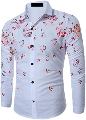 XTT Men's Floral Long Sleeve Button Down Dress Shirts White M