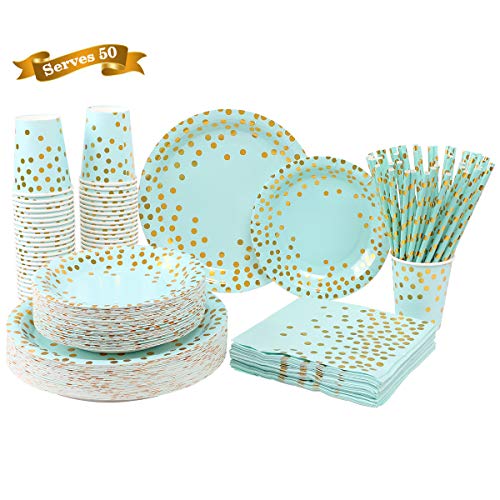 250PCS Paper Party Supplies - ENUOSUMA Disposable Paper Plates Tableware Set Include 50 Dinner Plates 50 Dessert Plates 50 Cups 50 Napkins 50 Straws For Party Wedding Birthday, Blue & Gold (Serves 50) - Thumbnail 7