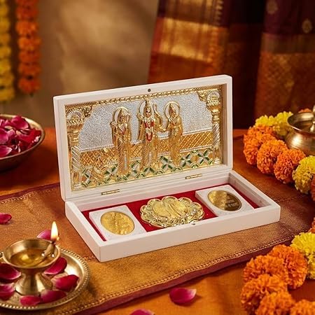 ZAARIYA Ram Darbar Frame/Pocket Temple I Gold Plated Decorative Photo Frame & Charan Paduka for Gifting, Home Decor and Pooja Mandir Decoration - 21 x 11 cm (White)
