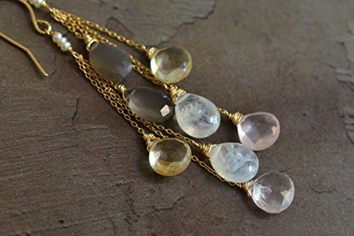 14kt Gold Long Rose Quartz Citrine Moonstone Cluster Dainty Earrings