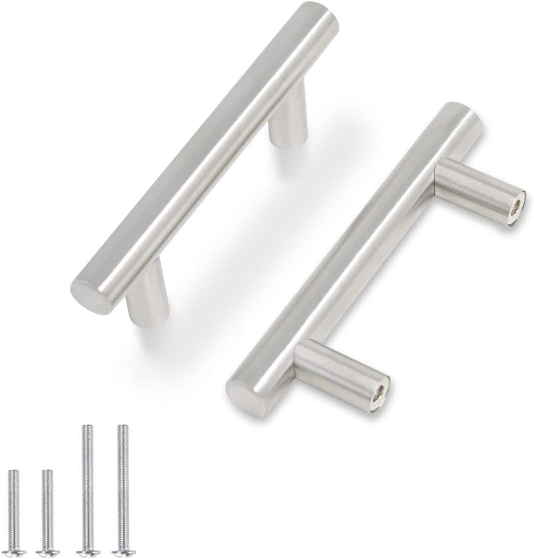 PinLin 20 Pack Kitchen Door Handles 64mm Hole Centre Brushed Nickel Cabinet Handles Stainless Steel Cupboard T Bar Handle (Screws Included)