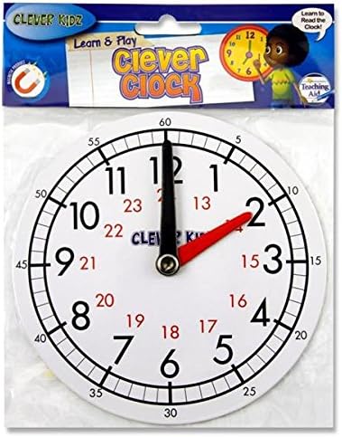 Clever Kidz Teaching Clock. Learn To Tell The Time. White. 15cm Diameter. Magnetic Back. Learn Hours and Minutes. 12 and 24 Hour Clock