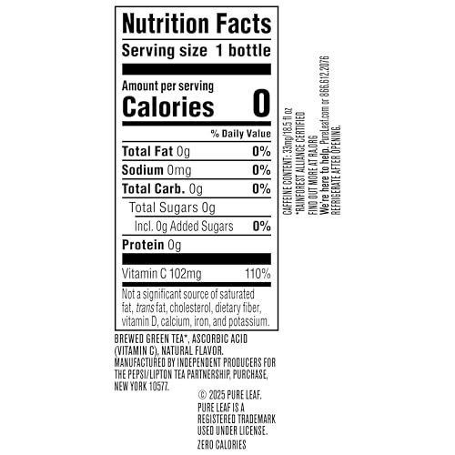 PURE LEAF ICED TEA, UNSWEETENED GREEN TEA, 18.5 FL OZ BOTTLES (PACK OF 12)