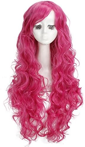 Nuoqi Womens Sweet Magenta Curly Wavy Cosplay Party Hair Wig