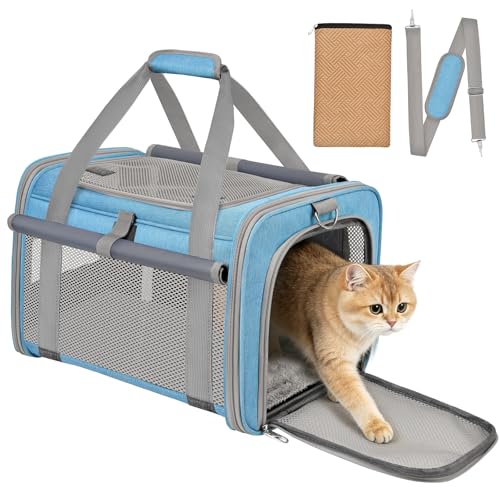 BTNEEU Foldable Cat Carrier Carrier Small Dog Carriers Airline Approved Breathable Carrier Bag with Inner Strap, Washable Soft Cushion and Adjustable Shoulder Strap (Sky Blue)