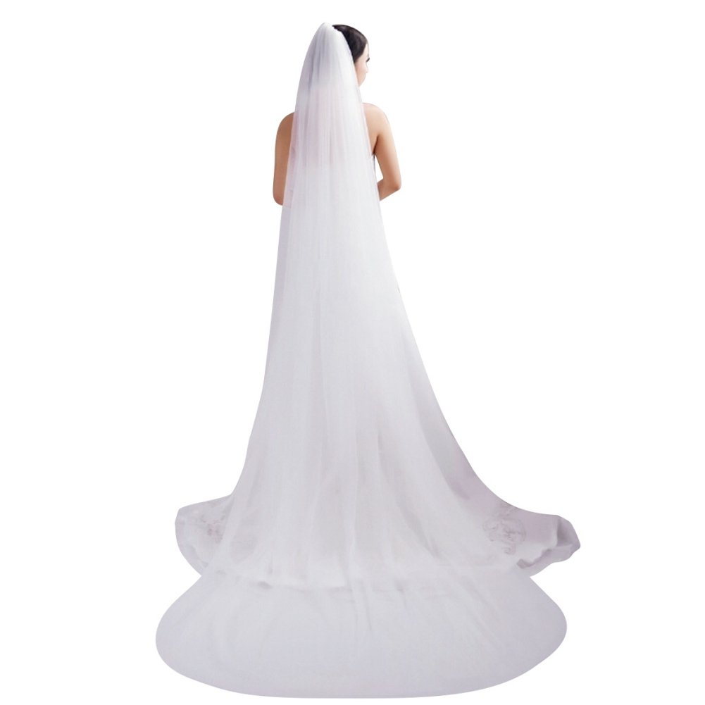 LONTG Bridal Wedding Veil Long Lace Veil 2 Tier Ivory Veil with Comb Elegant Hair Veil Wedding Dress Accessories Cut Edge Soft Tulle Yarn for Cathedral Chapel Communion Evening Hen Night Party