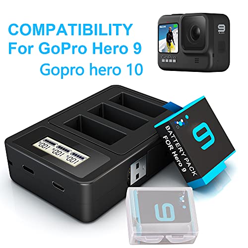 TOMSHEIR Battery for Gopro Hero 10/9 2000mAh (3Pack) and 3Channel USB