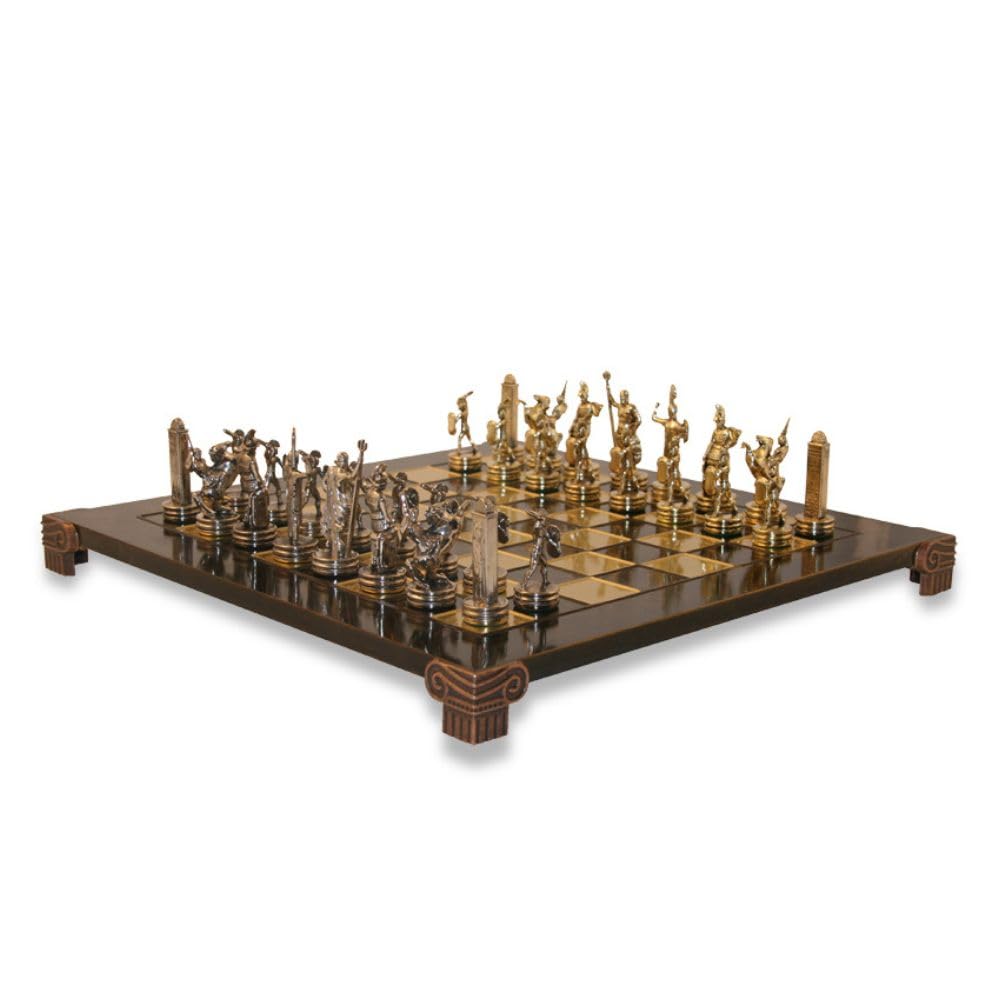 Uber Games Poseidon Chess Set - Zinc Gold & Silver Greek Statue Pieces, Raised 36cm x 36cm Board with Bronze Pillars, Foldable Wooden Storage Box, Detailed Chess Set with Rules Included
