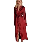 Flwydran Women Sexy Satin Lace Robe,Long Sleeve Silk Bathrobe with Belt Soft Lightweight Full Length Sleepwear