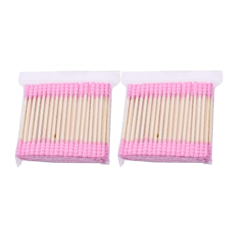 JIHUOO 200 Pcs Double Head Cotton Swabs Ear Cleaning Cotton Buds Makeup Remover Swabs Spiral Cotton Heads for Cosmetics Pink