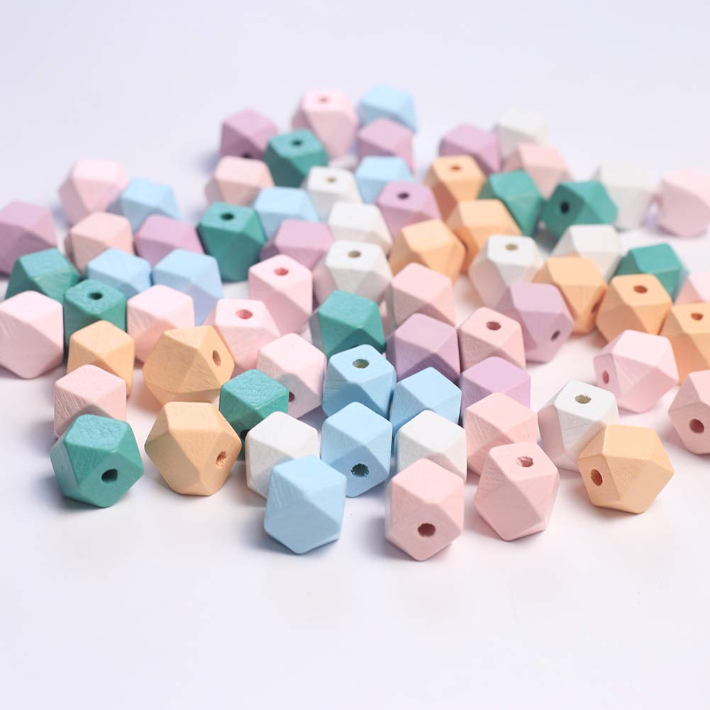 DAHI 70pcs Wooden Beads Geometric Polygon Wood Beads 15mm Colourful and White Wooden Octagonal Bead with Hole Craft Bead for DIY Jewellery Making(White /15mm-70pcs