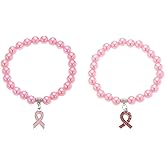 VTOS 2 PCS Plastic Breast Cancer Awareness Bracelets with Gold Back Pink ribbon Charms Accessories, Handmade Stretch Inspirational Awareness Jewelry Gift for Women