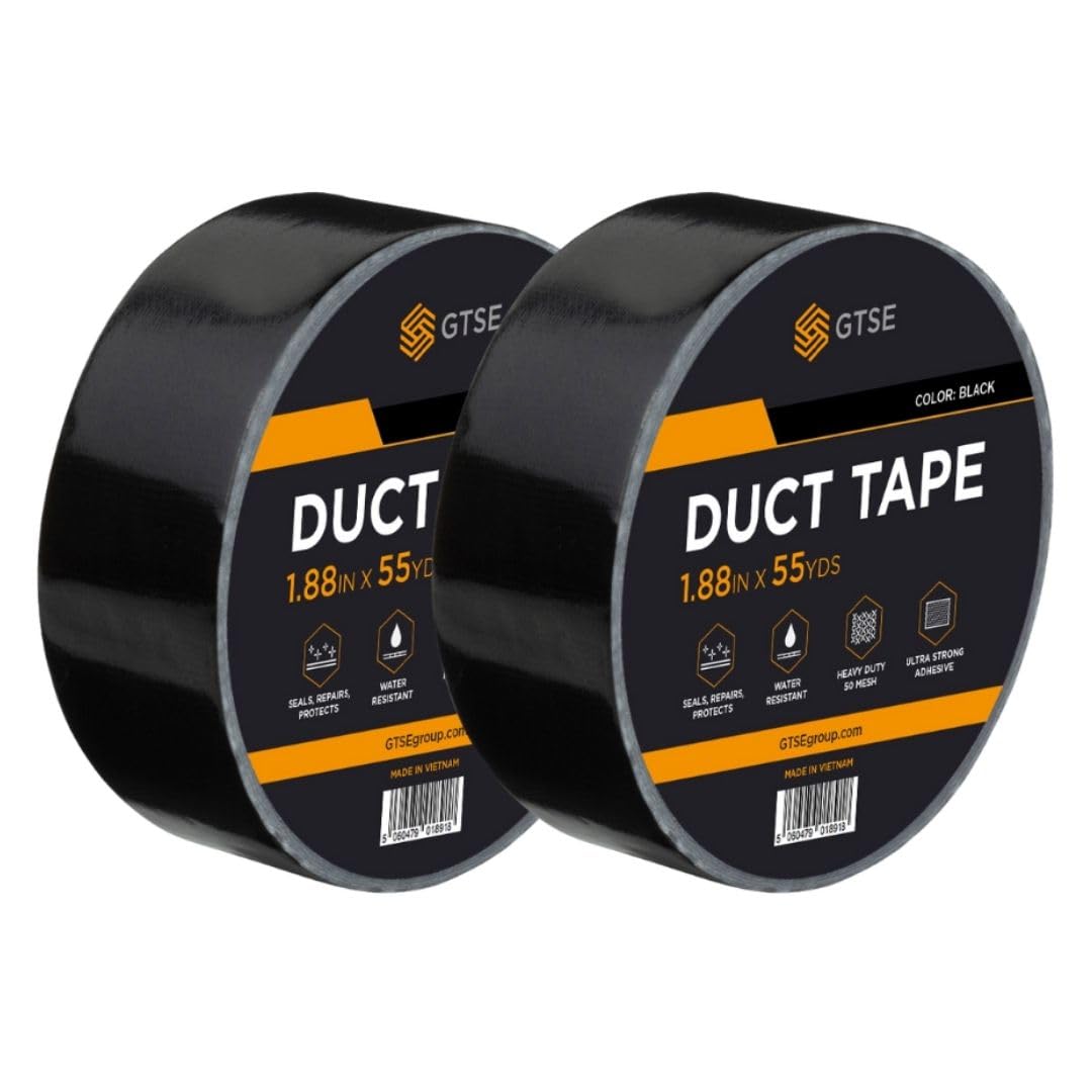GTSE Black Duct Tape, 48mm x 50m, 2” Waterproof Strong Adhesive Gaffer Tape for Patching, Sealing, Securing Cables and Labelling, Heavy Duty Tape, Two Rolls