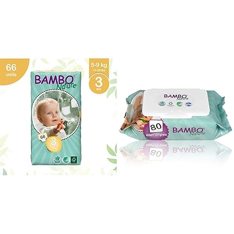Bambo Nature Premium Baby Diapers - Medium Size, 66 Count, for Toddler (3-10 Months) - Super Absorbent and Eco-Friendly & Bambo Nature | Baby Wipes | 1 x 80s