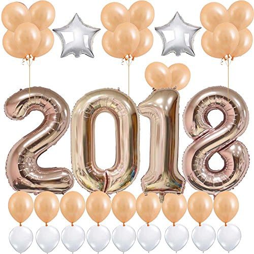 2018 Balloons Rose Gold,Graduation Balloons-New Years Eve Party Supplies Decorations- Rose Gold and White Latex Balloons Great for College Graduation,Sliver Foil Mylar Star-Large,40inch-Pack of 41