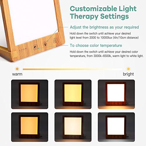 SAD Light Therapy Lamp 10000 Lux, Wood Grain Daylight Lamp Helps Combat Seasonal Affective Disorder, Portable Home Office Natural Sunlight Energy Lamp with Timer Function Touch Control UV-Free