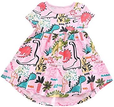 Koupa Little Girls Short Sleeve Dinosaur Print Cotton Dress 8114(3-4 Years,Pink)