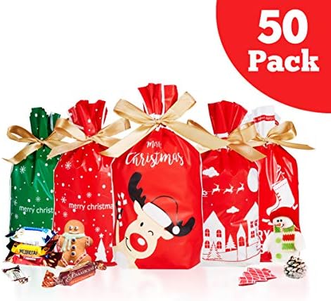 50 Pcs Christmas Candy Bag Goodies Cookies Plastic Drawstring Gift Bags Merry Christmas Treat Bags for Birthday Party Snack Wrapping Wedding Gift Party Favor Merry X-mas