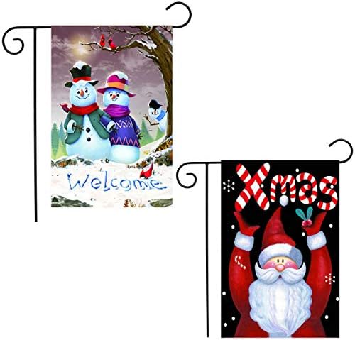 Shmbada 2 Pack Welcome Winter Merry Christmas Garden Flag Kit, Double Sided Shows Funny Snowman and Santa Candy Cane, Outdoor Lawn Yard Decor Flags, Gift for Kids Children, 12 X 18 Inch