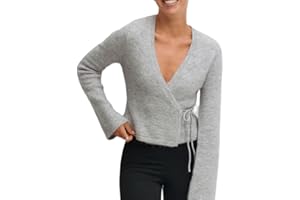 Mxiqqpltky Wrap Knit Tops for Women Y2k Lightweight Sweater Top Long Sleeve V Neck Side Tie Fitted Cropped Sweaters