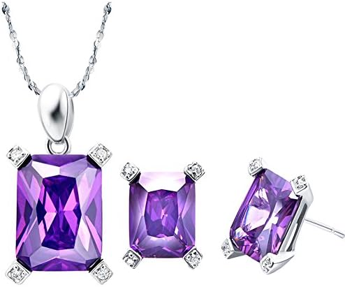 Layla Jewellery 18k White Gold Plated Alloy Swarovski Elements Crystal Jewelry Set include Pendant Necklace and Stud Earrings for Ladies Purple(Rectangular)