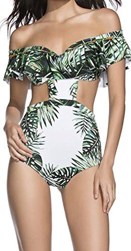Everkaki Womens Summer Sexy Green Off The Shoulder Ruffles Swimsuit Triangle Bikinis Set Floral Swimwear