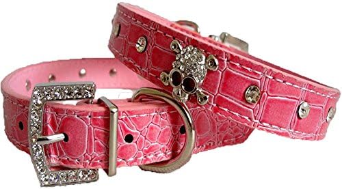 PU Leather Crystal Diamond Bling Rhinestone Skull Puppy Collar Pet Dog Cat Fanshion Adjustable Harness--Pink L