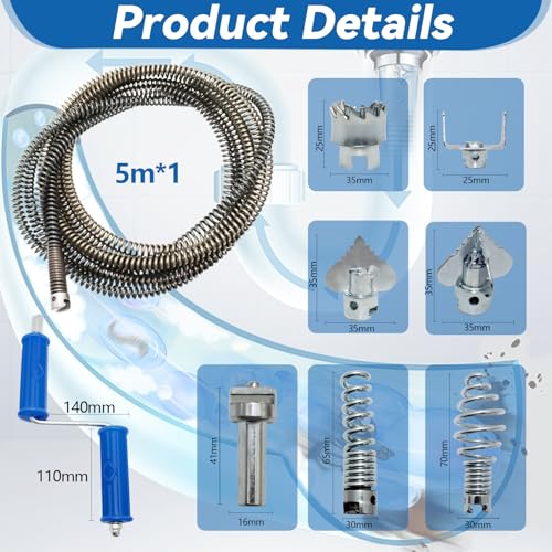 Professional Drain Unblocker 5 m x 12 mm, Sink Unblocker with Crank, 8 Pieces Dredging Cleaner Electric Adapters, Practical and Effective Unblocker for Toilets, Sinks and Drains